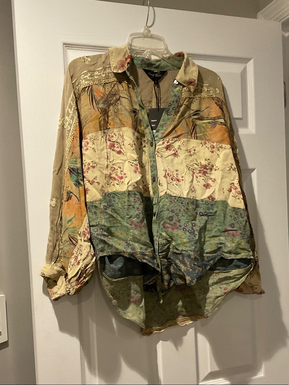 Patchwork Floral Button-Up Shirt in Green, Cream & Tan